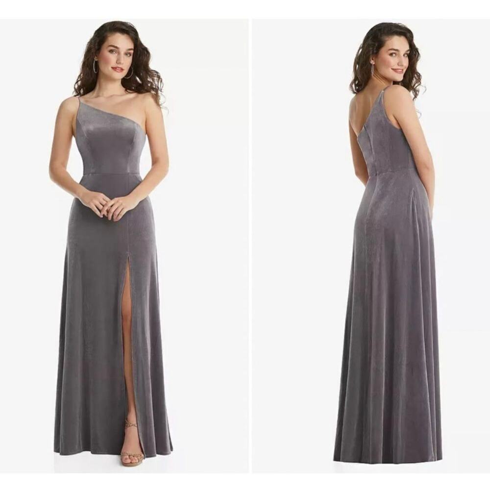 After Six Velvet One Shoulder Maxi Dress Pockets Caviar Gray Sz 0 Wedding Formal